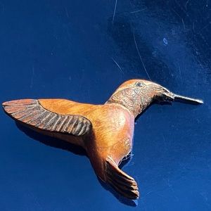 Wooden Carved Hummingbird Brooch Signed M.W